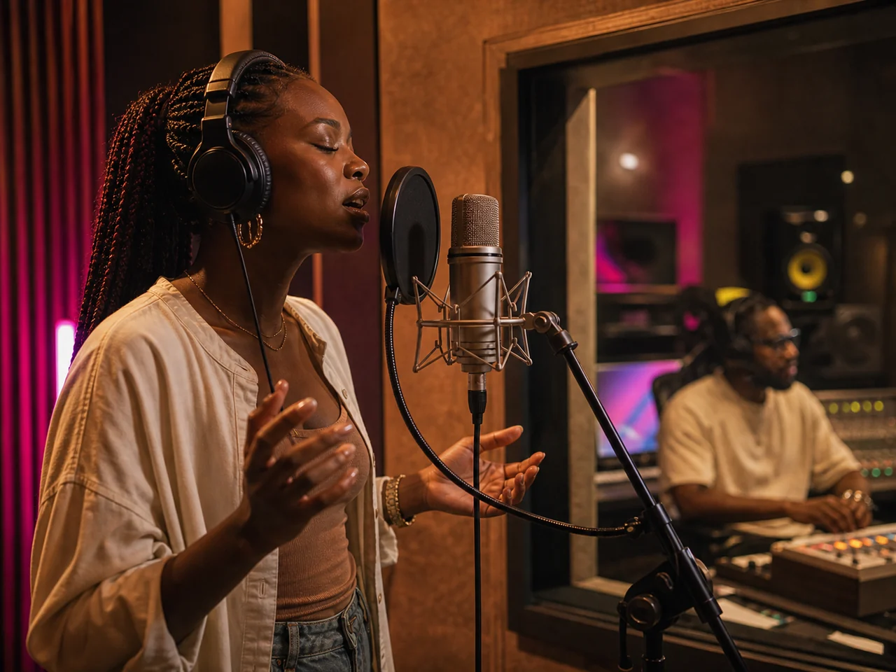 Artiste en enregistrement dans un studio vocal